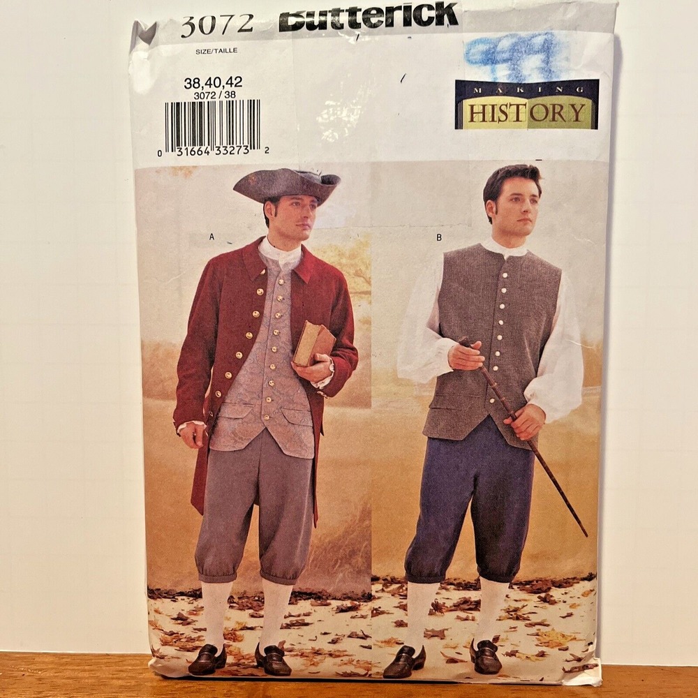 Butterick 3072 Making History Colonial Costume Pattern Men's 38, 40, 42 Uncut